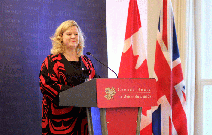 Canadian High Commissioner Janice Charette welcomes attendees to International Women’s Day 2020 at Canada House