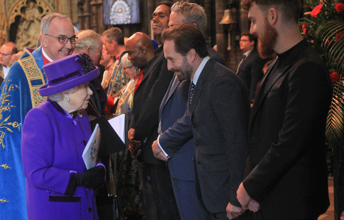 The Dean of Westminster Abbey introduces The Queen to opera singer Alfie Bow