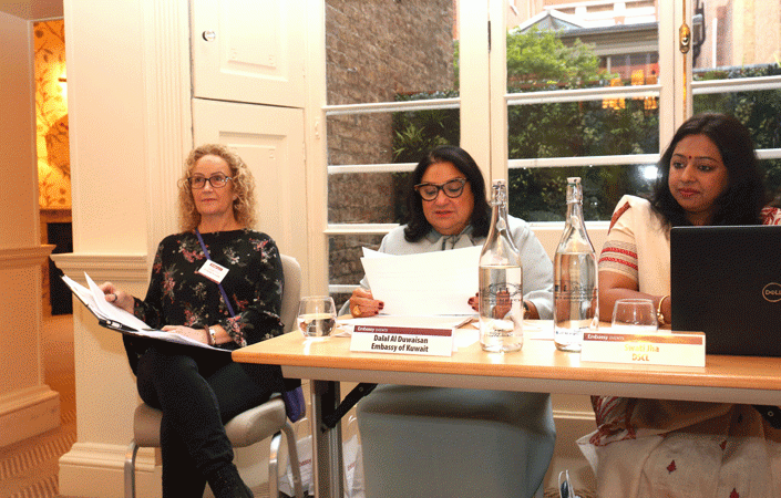 The Doyenne of the Diplomatic Corps, Mrs Dalal Al Duwaisan (centre) opens the Diplomatic Spouses/Partners Programme with Louise Willis of the Embassy Network (left) and Swati Jha, Vice President of the Diplomatic Spouses Club of London (right) at the opening plenary of the Spouse/Partners Programme