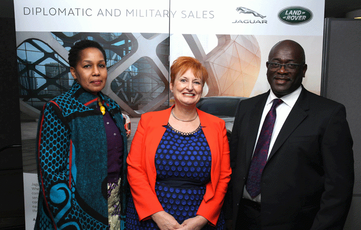 The High Commissioner of Kenya Caleb Manoa Esipisu and his wife Lynne with Sue King of Jaguar Land Rover