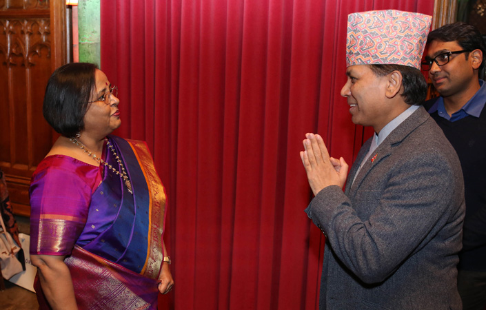 High Commissioner Ghanashyam greets the Ambassador of Nepal Dr Durga Bahadur Subedi