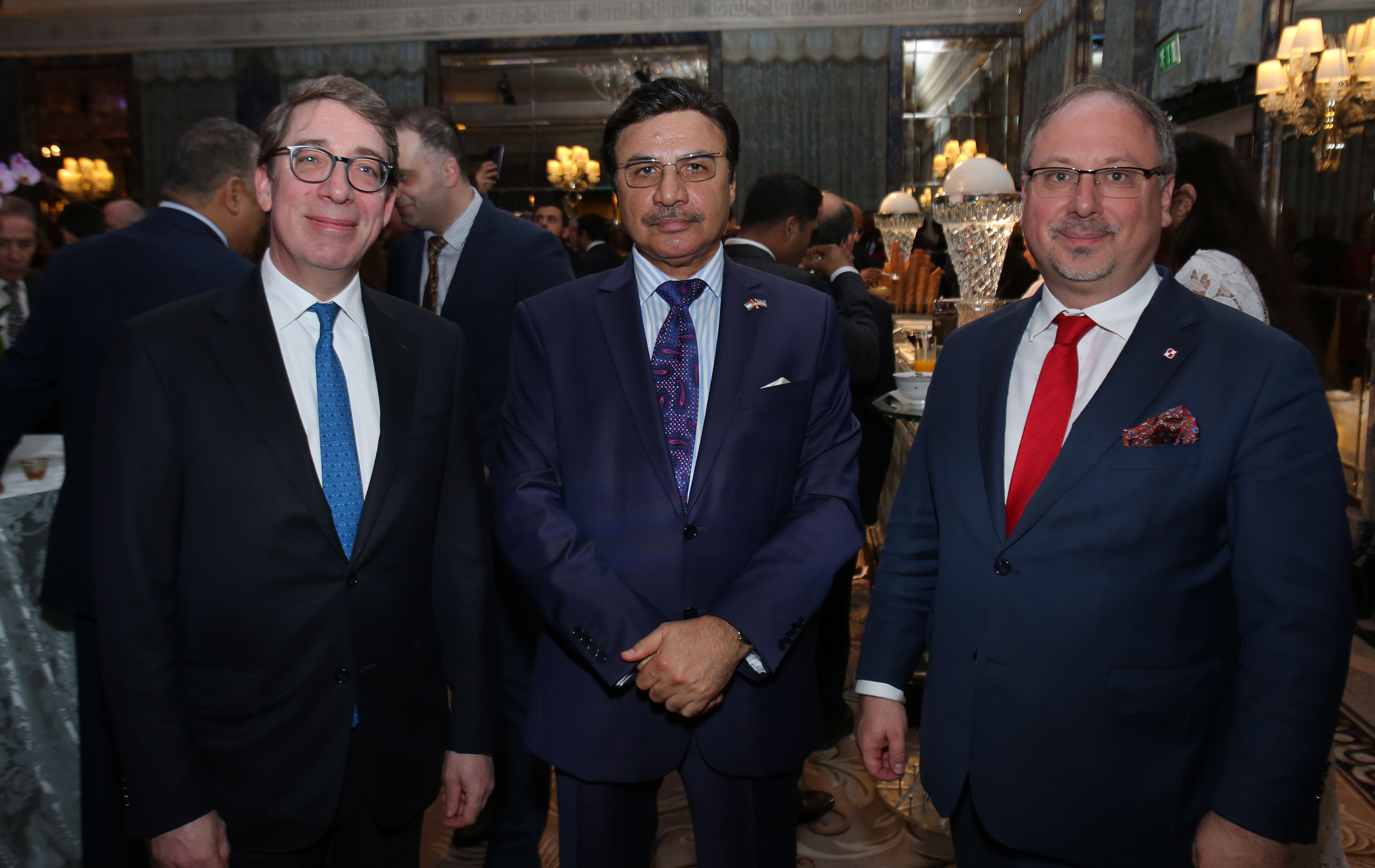 The Ambassadors of Luxembourg Jean Olinger, UAE Ambassador Sulaiman Hamid Salem Almazroui and the Ambassador of Poland, Arkady Rzegocki catch up at the reception