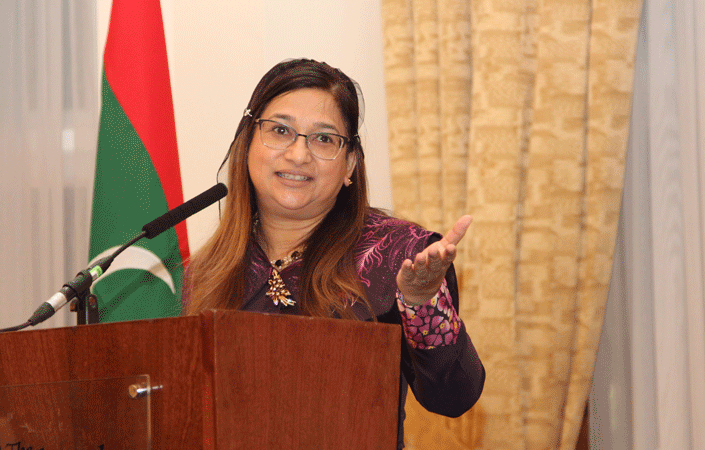 1. The Maldives High Commissioner Dr Farah Faizal addresses a crowd of diplomats at a reception celebrating her country’s re-accession to the Commonwealth