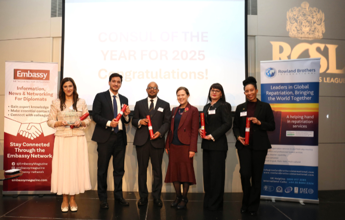 Consuls of the Year 2025 (from left): Joumana Nigmeldeen (Egyptian Consulate), Consul of the Year 2025 and Consul of the Year for Middle East; Nicolas Correa Cruz (Colombian Consulate), Consul of the Year for The Americas; Mohamed Osama Ibrahim Mohamed (Embassy of Sudan), Consul of the Year for Africa; Embassy Group Director Elizabeth Stewart; Iva Gudelj (Embassy of Croatia), Consul or the Year for Europe; and Sasha Wedderburn, accepting on behalf of Julika Thompson (Bahamas High Commission), Consul of the Year for The Caribbean