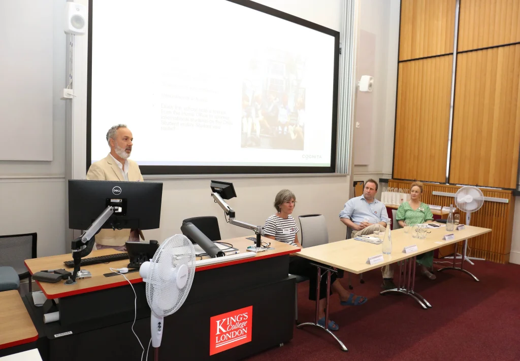 Diplomatic spouses attend a panel discussion on schooling in England, featuring (from left) Neil Herrington (Cognita), Siobhan McGrath (Southbank International) and Habib Maroon, Kensington Park School)