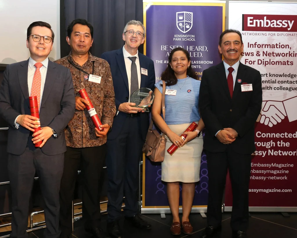 Winners of the Embassy Education Awards 2026: Education Attaché of the Year 2026, Dr Fernando Bartolomé, Embassy of Spain (centre), with regional winners (from left) Jorge Enrique Córdoba-Currea (Embassy of Colombia); Prof Agus M Ramdhan (Embassy of Indonesia); Adislenes Runes César (Embassy of Cuba); and Prof Dr Kossay Al-Ahmady (Embassy of Iraq)